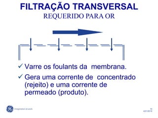 10
4/21/2014
FILTRAÇÃO TRANSVERSAL
REQUERIDO PARA OR
 Varre os foulants da membrana.
 Gera uma corrente de concentrado
(rejeito) e uma corrente de
permeado (produto).
 
