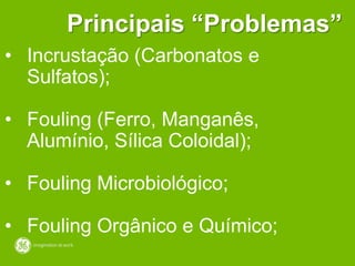 Principais “Problemas”
• Incrustação (Carbonatos e
Sulfatos);
• Fouling (Ferro, Manganês,
Alumínio, Sílica Coloidal);
• Fouling Microbiológico;
• Fouling Orgânico e Químico;
 