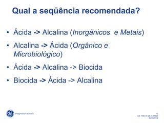 15
GE Title or job number
4/21/2014
Qual a seqüência recomendada?
• Ácida -> Alcalina (Inorgânicos e Metais)
• Alcalina -> Ácida (Orgânico e
Microbiológico)
• Ácida -> Alcalina -> Biocida
• Biocida -> Ácida -> Alcalina
 