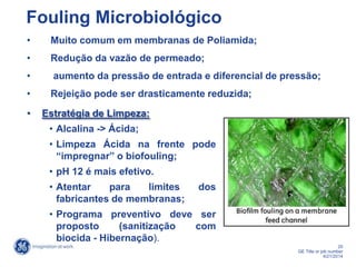 20
GE Title or job number
4/21/2014
Fouling Microbiológico
• Muito comum em membranas de Poliamida;
• Redução da vazão de permeado;
• aumento da pressão de entrada e diferencial de pressão;
• Rejeição pode ser drasticamente reduzida;
• Estratégia de Limpeza:
• Alcalina -> Ácida;
• Limpeza Ácida na frente pode
“impregnar” o biofouling;
• pH 12 é mais efetivo.
• Atentar para limites dos
fabricantes de membranas;
• Programa preventivo deve ser
proposto (sanitização com
biocida - Hibernação).
 