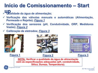3
GE Title or job number
4/21/2014
Início de Comissionamento – Start
up Qualidade da água de alimentação;
 Verficação das válvulas manuais e automáticas (Alimentação,
Permeado e Rejeito); Figura 1
 Verificação dos sensores (pH, Condutividade, ORP, Medidores
Vazão); Figura 2
 Calibração de eletrodos; Figura 3
NOTA: Verificar a qualidade da água de alimentação
com as especificações adequadas (pH, condutividade,
Sílica, Dureza, Temperatura);
Figura 1 Figura 2 Figura 3
 