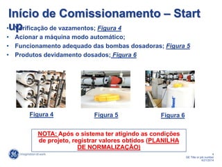 4
GE Title or job number
4/21/2014
Início de Comissionamento – Start
up• Verificação de vazamentos; Figura 4
• Acionar a máquina modo automático;
• Funcionamento adequado das bombas dosadoras; Figura 5
• Produtos devidamento dosados; Figura 6
NOTA: Após o sistema ter atigindo as condições
de projeto, registrar valores obtidos (PLANILHA
DE NORMALIZAÇÃO)
Figura 4 Figura 5 Figura 6
 