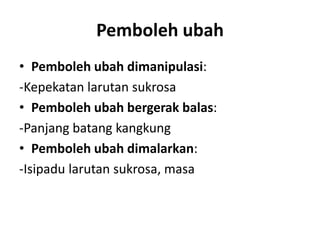 Pemboleh ubah
• Pemboleh ubah dimanipulasi:
-Kepekatan larutan sukrosa
• Pemboleh ubah bergerak balas:
-Panjang batang kangkung
• Pemboleh ubah dimalarkan:
-Isipadu larutan sukrosa, masa
 