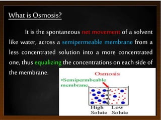 What is Osmosis?
It is the spontaneous net movement of a solvent
like water, across a semipermeable membrane from a
less concentrated solution into a more concentrated
one, thus equalizing the concentrations on each side of
themembrane.
 