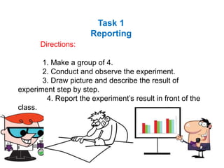 Task 1
Reporting
Directions:
1. Make a group of 4.
2. Conduct and observe the experiment.
3. Draw picture and describe the result of
experiment step by step.
4. Report the experiment’s result in front of the
class.
 