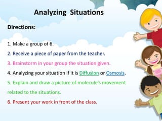 Directions:
1. Make a group of 6.
2. Receive a piece of paper from the teacher.
3. Brainstorm in your group the situation given.
4. Analyzing your situation if it is Diffusion or Osmosis.
5. Explain and draw a picture of molecule’s movement
related to the situations.
6. Present your work in front of the class.
Analyzing Situations
 