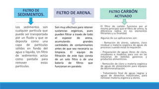 FILTRO DE
SEDIMENTOS.
Los sedimentos son
cualquier partícula que
puede ser transportada
por un fluido y que se
deposita como una
capa de partículas
sólidas en fondo del
agua o líquido, Un filtro
de sedimentos actúa
como pantalla para
remover estas
partículas.
FILTRO DE ARENA.
El filtro de carbón funciona por el
mismo principio que el filtro de arena, la
diferencia radica en los elementos
filtrantes y su finalidad.
Algunas de sus aplicaciones son:
- Remoción de olores, sabores, cloro
residual y materia orgánica de aguas de
procesos cuando estas lo requieran.
- Preparación de aguas libres de cloro,
sinsabores e inodoras para uso en las
industrias de bebidas gaseosas y
productos alimenticios.
- Remoción de cloro y materia orgánica
de aguas de alimentación para equipos
de desmineralización.
- Tratamiento final de aguas negras y
aguas de desechos industriales, para
remover materia orgánica y olores.
FILTRO CARBÓN
ACTIVADO
Son muy efectivos para retener
sustancias orgánicas, pues
pueden filtrar a través de todo
el espesor de arena,
acumulando grandes
cantidades de contaminantes
antes de que sea necesaria su
limpieza. El equipo de
filtración de este tipo consta
de un solo filtro o de una
batería de filtros que
funcionan en paralelo
 