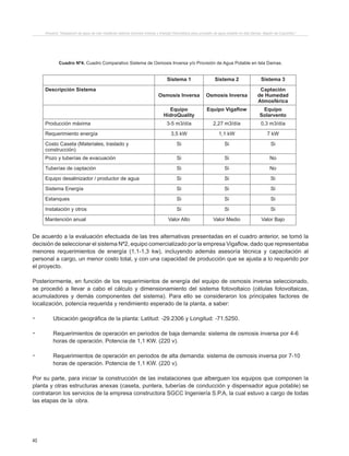 40
Proyecto “Desalación de agua de mar mediante sistema Osmosis Inversa y Energía Fotovoltaica para provisión de agua potable en Isla Damas, Región de Coquimbo”.
Cuadro Nº4. Cuadro Comparativo Sistema de Osmosis Inversa y/o Provisión de Agua Potable en Isla Damas.
Sistema 1 Sistema 2 Sistema 3
Descripción Sistema
Osmosis Inversa Osmosis Inversa
Captación
de Humedad
Atmosférica
Equipo
HidroQuality
Equipo Vigaflow Equipo
Solarvento
Producción máxima 3-5 m3/día 2,27 m3/día 0,3 m3/día
Requerimiento energía 3,5 kW 1,1 kW 7 kW
Costo Caseta (Materiales, traslado y
construcción)
Si Si Si
Pozo y tuberías de evacuación Si Si No
Tuberías de captación Si Si No
Equipo desalinizador / productor de agua Si Si Si
Sistema Energía Si Si Si
Estanques Si Si Si
Instalación y otros Si Si Si
Mantención anual Valor Alto Valor Medio Valor Bajo
De acuerdo a la evaluación efectuada de las tres alternativas presentadas en el cuadro anterior, se tomó la
decisión de seleccionar el sistema Nº2, equipo comercializado por la empresa Vigaflow, dado que representaba
menores requerimientos de energía (1,1-1,3 kw), incluyendo además asesoría técnica y capacitación al
personal a cargo, un menor costo total, y con una capacidad de producción que se ajusta a lo requerido por
el proyecto.
Posteriormente, en función de los requerimientos de energía del equipo de osmosis inversa seleccionado,
se procedió a llevar a cabo el cálculo y dimensionamiento del sistema fotovoltaico (células fotovoltaicas,
acumuladores y demás componentes del sistema). Para ello se consideraron los principales factores de
localización, potencia requerida y rendimiento esperado de la planta, a saber:
.	 Ubicación geográfica de la planta: Latitud: -29.2306 y Longitud: -71.5250.
.	 Requerimientos de operación en periodos de baja demanda: sistema de osmosis inversa por 4-6 		
	 horas de operación. Potencia de 1,1 KW. (220 v).
.	 Requerimientos de operación en periodos de alta demanda: sistema de osmosis inversa por 7-10 	
	 horas de operación. Potencia de 1,1 KW. (220 v).
Por su parte, para iniciar la construcción de las instalaciones que alberguen los equipos que componen la
planta y otras estructuras anexas (caseta, puntera, tuberías de conducción y dispensador agua potable) se
contrataron los servicios de la empresa constructora SGCC Ingeniería S.P.A, la cual estuvo a cargo de todas
las etapas de la obra.
 