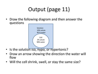 Output (page 11)
• Draw the following diagram and then answer the
  questions
                    Solution
                    10% solute
                    90 % water
                       W
                       Cell
                    2% solute
                    98% water



• Is the solution iso, hypo, or hypertonic?
• Draw an arrow showing the direction the water will
  flow
• Will the cell shrink, swell, or stay the same size?
 