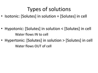 Types of solutions
• Isotonic: [Solutes] in solution = [Solutes] in cell

• Hypotonic: [Solutes] in solution < [Solutes] in cell
        Water flows IN to cell
• Hypertonic: [Solutes] in solution > [Solutes] in cell
        Water flows OUT of cell
 