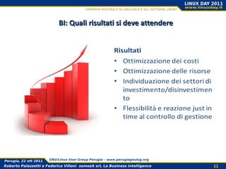 BI: Quali risultati si deve attendere


                                                        Risultati
                                                        • Ottimizzazione dei costi
                                                        • Ottimizzazione delle risorse
                                                        • Individuazione dei settori di
                                                           investimento/disinvestimen
                                                           to
                                                        • Flessibilità e reazione just in
                                                           time al controllo di gestione




Perugia, 22 ott 2011   GNU/Linux User Group Perugia – www.perugiagnulug.org

Roberto Palazzetti e Federico Villoni osmosit srl, La Business Intelligence                 11
 