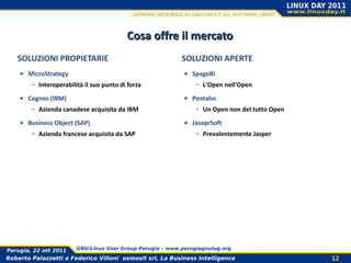 Cosa offre il mercato
   SOLUZIONI PROPIETARIE                                     SOLUZIONI APERTE
       MicroStrategy                                            SpagoBI
        –   Interoperabilità il suo punto di forza                –   L'Open nell'Open
       Cognos (IBM)                                             Pentaho
        –   Azienda canadese acquisita da IBM                     –   Un Open non del tutto Open
       Business Object (SAP)                                    JaseprSoft
        –   Azienda francese acquisita da SAP                     –   Prevalentemente Jasper




Perugia, 22 ott 2011      GNU/Linux User Group Perugia – www.perugiagnulug.org

Roberto Palazzetti e Federico Villoni osmosit srl, La Business Intelligence                        12
 