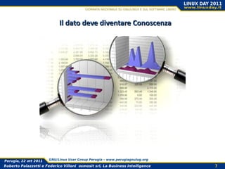 Il dato deve diventare Conoscenza




Perugia, 22 ott 2011   GNU/Linux User Group Perugia – www.perugiagnulug.org

Roberto Palazzetti e Federico Villoni osmosit srl, La Business Intelligence   7
 