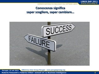 Conoscenza significa
                            saper scegliere, saper cambiare…




Perugia, 22 ott 2011   GNU/Linux User Group Perugia – www.perugiagnulug.org

Roberto Palazzetti e Federico Villoni osmosit srl, La Business Intelligence   8
 