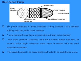 Rose Nelson Pump
 The pump composed of three chambers: a drug chamber, a salt chamber
holding solid salt, and a water chamber.
 A semi permeable membrane separates the salt from water chamber.
 The major problem associated with Rose Nelson pumps was that the
osmotic action begin whenever water came in contact with the semi
permeable membrane.
 This needed pumps to be stored empty and water to be loaded prior to use.
 