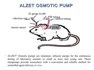  ALZET®
Osmotic pumps are miniature, infusion pumps for the continuous
dosing of laboratory animals as small as mice and young rats. These
minipumps provide researchers with a convenient and reliable method for
controlled agent delivery in vivo.
ALZET OSMOTIC PUMPALZET OSMOTIC PUMP
 