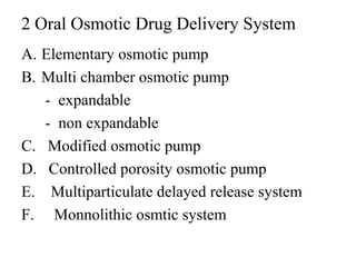2 Oral Osmotic Drug Delivery System
A. Elementary osmotic pump
B. Multi chamber osmotic pump
- expandable
- non expandable
C. Modified osmotic pump
D. Controlled porosity osmotic pump
E. Multiparticulate delayed release system
F. Monnolithic osmtic system
 