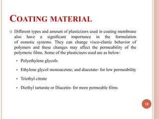 COATING MATERIAL
 Different types and amount of plasticizers used in coating membrane
also have a significant importance in the formulation
of osmotic systems. They can change visco-elastic behavior of
polymers and these changes may affect the permeability of the
polymeric films. Some of the plasticizers used are as below:
 Polyethylene glycols
 Ethylene glycol monoacetate; and diacetate- for low permeability
 Triethyl citrate
 Diethyl tartarate or Diacetin- for more permeable films
15
 