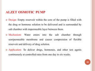 ALZET OSMOTIC PUMP
33
 Design: Empty reservoir within the core of the pump is filled with
the drug or hormone solution to be delivered and is surrounded by
salt chamber with impermeable layer between them.
 Mechanism: Water enters into the salt chamber through
semipermeable membrane and causes compression of flexible
reservoir and delivery of drug solution.
 Application: To deliver drugs, hormones, and other test agents
continuously at controlled rates from one day to six weeks.
 