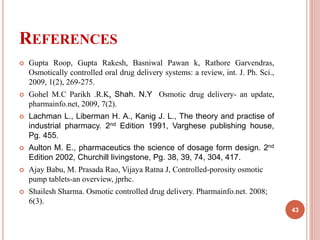 REFERENCES
43
 Gupta Roop, Gupta Rakesh, Basniwal Pawan k, Rathore Garvendras,
Osmotically controlled oral drug delivery systems: a review, int. J. Ph. Sci.,
2009, 1(2), 269-275.
 Gohel M.C Parikh .R.K, Shah. N.Y Osmotic drug delivery- an update,
pharmainfo.net, 2009, 7(2).
 Lachman L., Liberman H. A., Kanig J. L., The theory and practise of
industrial pharmacy. 2nd Edition 1991, Varghese publishing house,
Pg. 455.
 Aulton M. E., pharmaceutics the science of dosage form design. 2nd
Edition 2002, Churchill livingstone, Pg. 38, 39, 74, 304, 417.
 Ajay Babu, M. Prasada Rao, Vijaya Ratna J, Controlled-porosity osmotic
pump tablets-an overview, jprhc.
 Shailesh Sharma. Osmotic controlled drug delivery. Pharmainfo.net. 2008;
6(3).
 