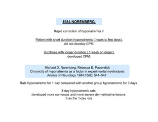 1984:NORENBERG
Rapid correction of hyponatremia in
Patient with short duration hyponatremia ( hours to few days),
did not develop CPM.
But those with longer duration ( 1 week or longer),
developed CPM.

Michael D. Norenberg, Rebecca E. Papendick
Chronicity of hyponatremia as a factor in experimental myelinolysis
Annals of Neurology 1984;15(6): 544–547
Rats hyponatremic for 1 day compared with another group hyponatremic for 3 days
3-day hyponatremic rats
developed more numerous and more severe demyelinative lesions
than the 1-day rats

 