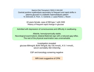 Nephrol Dial Transplant (1993) 8: 644-646

Central pontine myelinolysis secondary to frequent and rapid shifts in
plasma glucose in a diabetic haemodialysis patient
N. Esforzado, E. Poch, C. Cardenal, J. Lopez-Pedret, L. Revert

22 years female, case of DM type 1 with CKD
History of frequent rapid change in glucose
Admitted with depression of consciousness and difficulty in swallowing.
Afebrile, hemodynamically stable.
Neurological examinationL bilateral Babinski sign with a reduced gag reflex.
The rest of the physical examination was unremarkable.
Investigation revealed
glucose 684mg/dl, BUN 78mg/dl, Na 130 mmol/L, K 5.1 mmol/L,
serum osmolality 302 mOsm/kg
CSF and toxicology screening negative
MRI brain suggestive of CPM

 