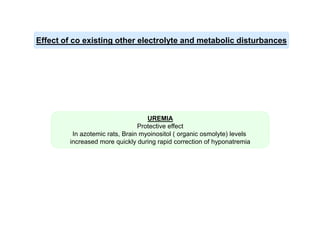 Effect of co existing other electrolyte and metabolic disturbances

UREMIA
Protective effect
In azotemic rats, Brain myoinositol ( organic osmolyte) levels
increased more quickly during rapid correction of hyponatremia

 