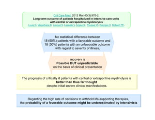 Crit Care Med. 2012 Mar;40(3):970-2.
Long-term outcome of patients hospitalized in intensive care units
with central or extrapontine myelinolysis
Louis G, Megarbane B, Lavoué S, Lassalle V, Argaud L, Poussel JF, Georges H, Bollaert PE.

No statistical difference between
18 (50%) patients with a favorable outcome and
18 (50%) patients with an unfavorable outcome
with regard to severity of illness,

recovery is
Possible BUT unpredictable
on the basis of clinical presentation

The prognosis of critically ill patients with central or extrapontine myelinolysis is
better than thus far thought
despite initial severe clinical manifestations.

Regarding the high rate of decisions to withhold life-supporting therapies,
the probability of a favorable outcome might be underestimated by intensivists

 