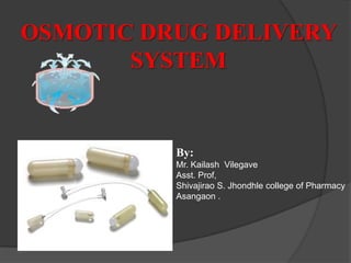 OSMOTIC DRUG DELIVERY
       SYSTEM


          By:
          Mr. Kailash Vilegave
          Asst. Prof,
          Shivajirao S. Jhondhle college of Pharmacy
          Asangaon .
 
