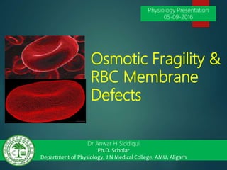 Osmotic Fragility &
RBC Membrane
Defects
Dr Anwar H Siddiqui
Ph.D. Scholar
Department of Physiology, J N Medical College, AMU, Aligarh
Physiology Presentation
05-09-2016
 