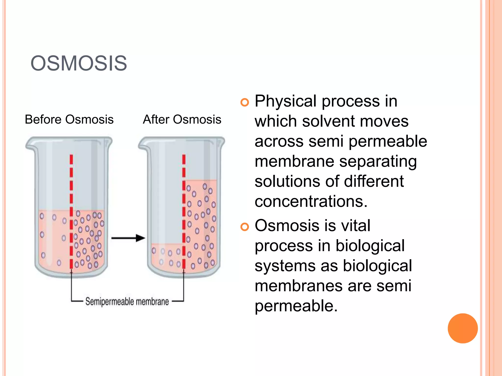 OSMOSIS
 Physical process in
which solvent moves
across semi permeable
membrane separating
solutions of different
concentrations.
 Osmosis is vital
process in biological
systems as biological
membranes are semi
permeable.
Before Osmosis After Osmosis
 