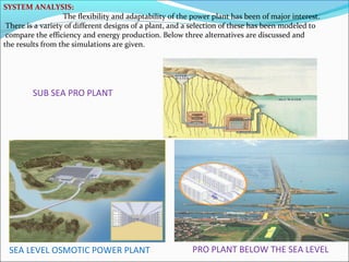 SEA LEVEL OSMOTIC POWER PLANT
SYSTEM ANALYSIS:
The flexibility and adaptability of the power plant has been of major interest.
There is a variety of different designs of a plant, and a selection of these has been modeled to
compare the efficiency and energy production. Below three alternatives are discussed and
the results from the simulations are given.
SUB SEA PRO PLANT
PRO PLANT BELOW THE SEA LEVEL
 