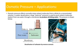 Osmotic Pressure – Applications:
• Osmotic pressure effects normally move solvent molecules from a dilute to a concentrated
solution. In water desalination a large “external” pressure is used to push solvent molecules
(water) from sea water through a membrane to produce drinking water. The process is shown
below.
Desalination of saltwater by reverse osmosis
 