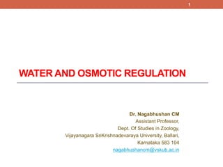 WATER AND OSMOTIC REGULATION
Dr. Nagabhushan CM
Assistant Professor,
Dept. Of Studies in Zoology,
Vijayanagara SriKrishnadevaraya University, Ballari,
Karnataka 583 104
nagabhushancm@vskub.ac.in
1
 