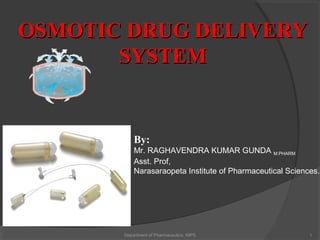 OSMOTIC DRUG DELIVERYOSMOTIC DRUG DELIVERY
SYSTEMSYSTEM
By:
Mr. RAGHAVENDRA KUMAR GUNDA M.PHARM
Asst. Prof,
Narasaraopeta Institute of Pharmaceutical Sciences.
Department of Pharmaceutics, NIPS 1
 