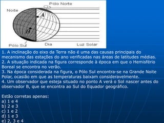 (UFJF) Quando observamos o céu, temos a impressão de que nosso planeta está parado e que osoutros astros é que se movem. Entretanto, a Terra realiza diversos movimentos, que afetam nossas vidas. O movimento de translação e a inclinação do eixo terrestre, por exemplo, determinam a desigualdade na distribuição de luminosidade e calor na Terra, conforme os períodos do ano.Assinale a alternativa, no quadro abaixo, que apresenta corretamente os dados do movimento de translação com relação às estações do ano.