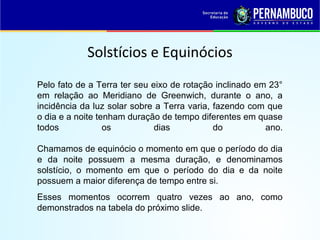 Solstícios e Equinócios
Pelo fato de a Terra ter seu eixo de rotação inclinado em 23°
em relação ao Meridiano de Greenwich, durante o ano, a
incidência da luz solar sobre a Terra varia, fazendo com que
o dia e a noite tenham duração de tempo diferentes em quase
todos os dias do ano.
Chamamos de equinócio o momento em que o período do dia
e da noite possuem a mesma duração, e denominamos
solstício, o momento em que o período do dia e da noite
possuem a maior diferença de tempo entre si.
Esses momentos ocorrem quatro vezes ao ano, como
demonstrados na tabela do próximo slide.
 