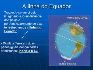 A linha do Equador
Traçando-se um circulo
imaginário a igual distância
dos polos e
perpendicularmente ao eixo
terrestre, temos a linha do
Equador.
• Divide a Terra em duas
partes iguais denominadas
hemisférios: Norte e o Sul.
 