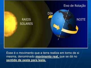 Esse é o movimento que a terra realiza em torno de si
mesma, denominado movimento real, que se dá no
sentido de oeste para leste.
 