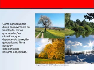 Imagem: Predavatel / GNU Free Documentation License
Como consequência
direta do movimento de
translação, temos
quatro estações
climáticas, que
dependendo da região
geográfica na Terra
possuem
características
bastante específicas.
 