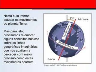Imagem: MeMoRY / GNU Free Documentation License
Polo Norte
Polo Sul
Nesta aula iremos
estudar os movimentos
do planeta Ter...