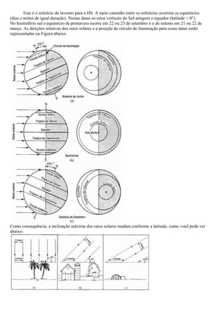 Este é o solstício de inverno para o HS. A meio caminho entre os solstícios ocorrem os equinócios
(dias e noites de igual duração). Nestas datas os raios verticais do Sol atingem o equador (latitude = 0°).
No hemisfério sul o equinócio de primavera ocorre em 22 ou 23 de setembro e o de outono em 21 ou 22 de
março. As direções relativas dos raios solares e a posição do círculo de iluminação para essas datas estão
representadas na Figura abaixo.




Como consequência, a inclinação máxima dos raios solares mudam conforme a latitude, como você pode ver
abaixo:
 