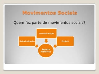 Movimentos Sociais
Quem faz parte de movimentos sociais?

                    Transformação



   Reinvindicação                   Projeto



                      Sujeito
                     Histórico
 