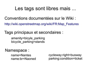 Les tags sont libres mais ...
Tags principaux et secondaires :
Conventions documentées sur le Wiki :
http://wiki.openstreetmap.org/wiki/FR:Map_Features
amenity=bicyle_parking
bicycle_parking=stands
name=Nantes
name:br=Naoned
Namespace :
cycleway:right=busway
parking:condition=ticket
 