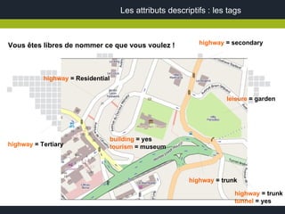 Les attributs descriptifs : les tags



Vous êtes libres de nommer ce que vous voulez !              highway = secondary




           highway = Residential


                                                                     leisure = garden




                                   building = yes
highway = Tertiary                 tourism = museum




                                                          highway = trunk

                                                                        highway = trunk
                                                                        tunnel = yes
 