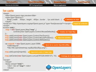 Introduction                OpenStreetMap                          Exploitation                      Conclusion
   Sources de données             API Cartographiques                  Mise en application



1er carte
<head>
   <title>OpenLayers map preview</title>
   <style type="text/css">
       #map { width : 600px ; height : 400px ; border : 1px solid black ; }   1- Définition du style
   </style>
<script src="http://openlayers.org/api/OpenLayers.js" type="text/javascript"></script> 2- Appel de la librairie
<script>
function init() {
    map = new OpenLayers.Map("map" ,{
              controls:[new OpenLayers.Control.MouseDefaults()] 3- Création de l'objet Map
   }) ;
   map.addControl(new OpenLayers.Control.PanZoom());
   map.addControl(new OpenLayers.Control.MousePosition()) ; 4- Ajout de contrôles
   map.addControl(new OpenLayers.Control.Attribution());

  var mapnik = new OpenLayers.Layer.OSM(
                                                    5- Ajout de la couche OpenStreetMap
    "OSM Mapnik",
    "http://tile.openstreetmap.org/${z}/${x}/${y}.png") ;

  map.addLayers([mapnik]) ;       6- Ajout de la carte à l'objet map

  map.setCenter(new OpenLayers.LonLat(787229,5406137), 15);                    7- Centrage de la carte et zoom
}
</script>
   </head>
   <body onload="init()">
      </div> <div id="map"> </div>
      </body>
</html>
 