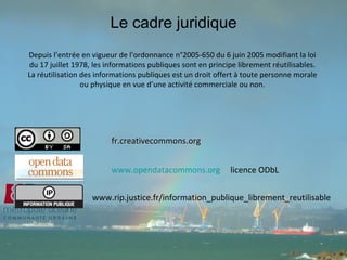 Le cadre juridique www.rip.justice.fr/information_publique_librement_reutilisable Depuis l’entrée en vigueur de l’ordonnance n°2005-650 du 6 juin 2005 modifiant la loi du 17 juillet 1978, les informations publiques sont en principe librement réutilisables. La réutilisation des informations publiques est un droit offert à toute personne morale ou physique en vue d’une activité commerciale ou non. fr.creativecommons.org www.opendatacommons.org   licence ODbL 