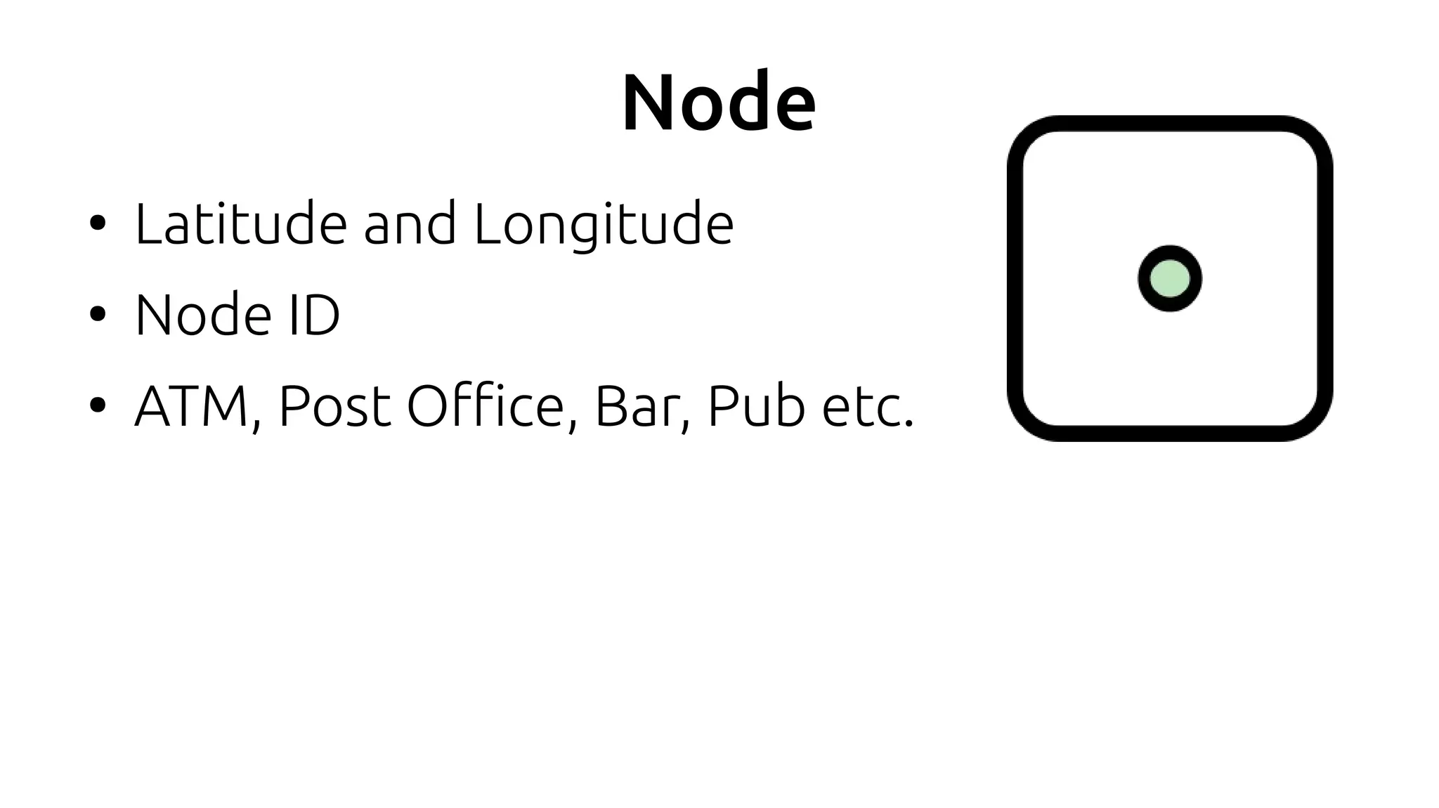Node
●
Latitude and Longitude
●
Node ID
●
ATM, Post Office, Bar, Pub etc.
 