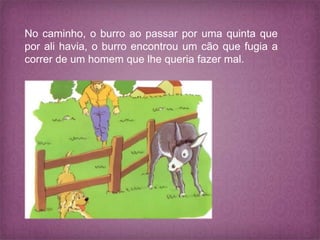 No caminho, o burro ao passar por uma quinta que
por ali havia, o burro encontrou um cão que fugia a
correr de um homem que lhe queria fazer mal.
 