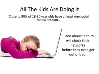 All The Kids Are Doing It
Close to 90% of 18-30 year olds have at least one social
media account…

… and almost a third
will check their
networks
before they even get
out of bed.

 